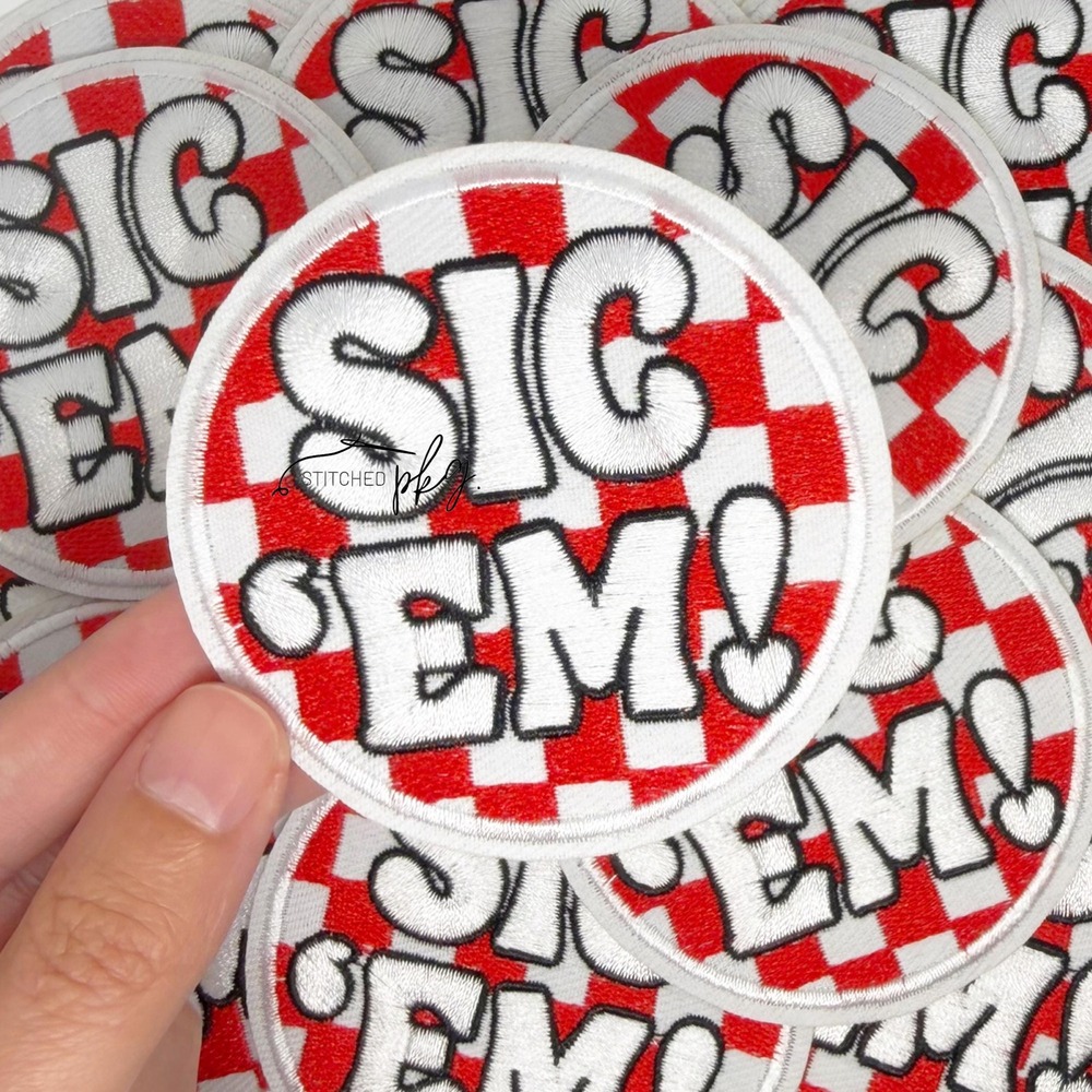 Sic 'Em Iron On Embroidered Patch Red White Checker Georgia Go Dawgs Hat Iron On